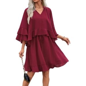 Women’s 3/4 Bell SleeveV Neck Drawstring Waist Midi Dress With Pockets